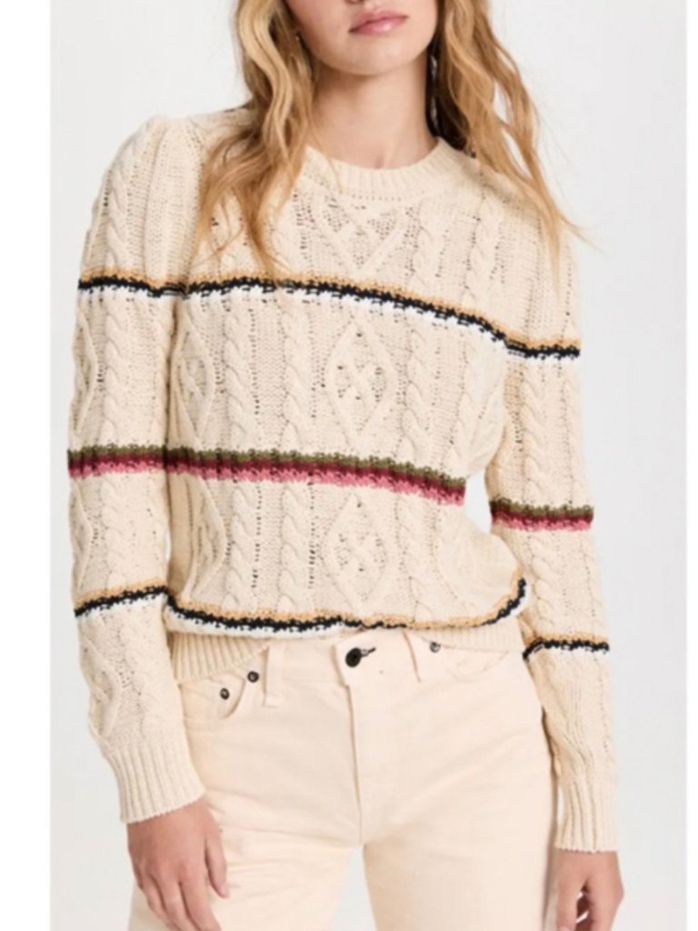 New Veronica Beard Bruna Striped Cable Knit Sweater Ecru Large $378